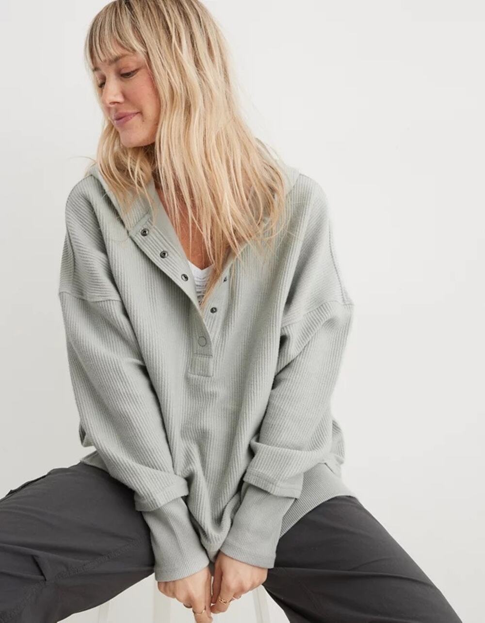 Aerie | Textured Henley Hoodie Casual Loungewear in Cationic Gray Preppy